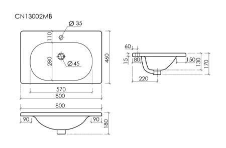 Раковина из сантехнического фарфора Ceramica Nova SABO CN13002MB 80х50 накладная цвет черный 1 отверстие под смеситель
